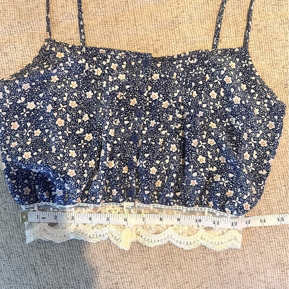 Lucca Couture Blue Floral Button Up Crop Top Lace Detail Size Small - Picture 8 of 11